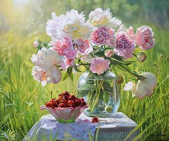 Peonies and cherries, white, art, zbigniew kopania, pink, painting, pictura, red, cherry, green, fruit HD wallpaper