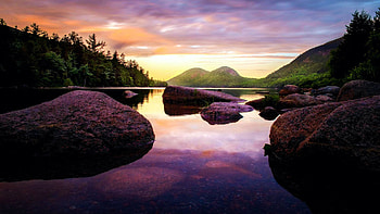 A stormy sunset paints the Bubbles and Jordan Pond in pastels - Acadia National Park - Maine, clouds, trees, colors, sky, water, reflections, usa HD wallpaper