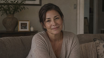Serene Mom —, Woman, Portrait, Couch, Living Room, Smile HD wallpaper