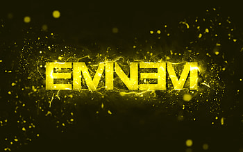 Eminem yellow logo, , american rapper, yellow neon lights, creative, yellow abstract background, Marshall Bruce Mathers III, Eminem logo, music stars, Eminem HD wallpaper