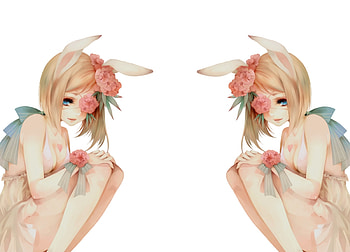 Bunny girls, white, cute, girl, bunny, pink, anime, flower, ears, luminos, manga HD wallpaper