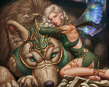 Guardians, wings, fairy, art, fantasy, guardian, green, girl, wolf, kyu yong eom HD wallpaper