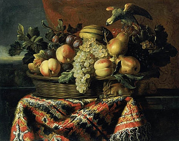 Autumn Eats, table, bird, fabric, grapes, fruits, plums, peachespears, basket, wicker, leaves, vines, melons, squirrel, pattern HD wallpaper