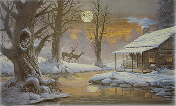 Beautiful winter cottage, night, winter, christmas spirit, peaceful, beautiful, outdoor, fields, view, deers, nature, cottage, amazing, lovely, sunset, stream HD wallpaper