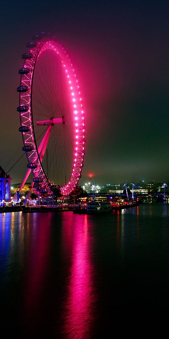 Amusement park, London cityscape, Waterfront ferris wheel, Night landscape HD phone wallpaper