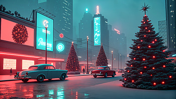 Christmas Retrowave: Ultra, christmas retrowave, Christmas, cityscape, vintage car, holiday decorations HD wallpaper