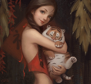 Girl with tiger, fantasy, miya vaolaohu, tiger, cub, art, red, tigru, girl, black HD wallpaper