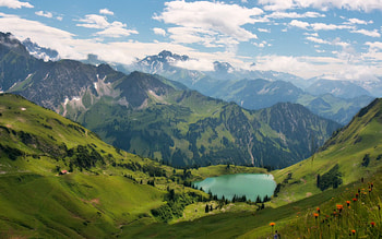 Nature, Trees, Mountains, Lake, Greens, Meadows, Slopes, Hollow, Trough HD wallpaper
