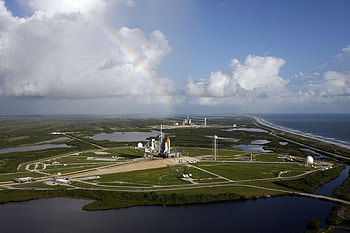 shuttle under a rainbow, shuttle, space, clouds, rainbow HD wallpaper