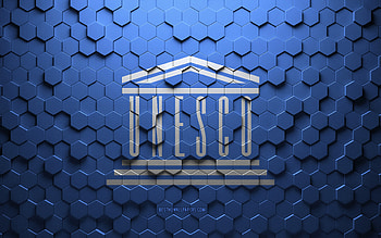 Flag of UNESCO, honeycomb art, UNESCO hexagons flag, UNESCO 3d hexagons art, UNESCO flag HD wallpaper