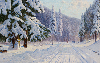 Winter Road, road, painting, winter, spruces, snow, forest HD wallpaper