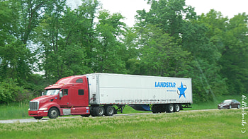 Landstar Semi Truck, red cab, way, semi truck, Landstar, lorry, trucks, trees, road, transport, lorries, truck HD wallpaper
