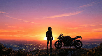 Biker At Sunset Overlook, bike, biker, sunset, sky, clouds, artist, artwork, art, digital-art, ai HD wallpaper