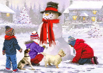 Playing in the snow, winter, children, fun, house, play, snowman, holiday, playing, snowfall, snow, game, joy HD wallpaper
