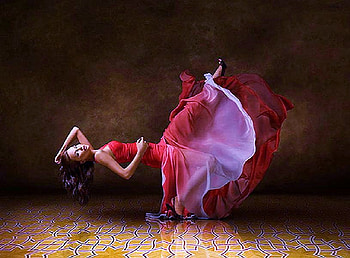 Floating, red dress, woman, brunette HD wallpaper