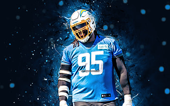 Linval Joseph, , NFL, defensive tackle, Los Angeles Chargers, american football, LA Chargers, blue neon lights, Linval Joseph LA Chargers, Linval Joseph HD wallpaper