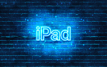 IPad blue logo, , blue brickwall, IPad logo, Apple iPad, brands, IPad neon logo, IPad HD wallpaper