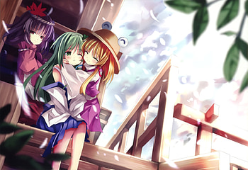 Moriya Shrine Team, pyonta, purple hair, long hair, purple eyes, geen hair, yasaka kanako, hug, kochiya sanae, touhou, short hair, moriya suwako, blonde hair, blush, green eyes, hat HD wallpaper