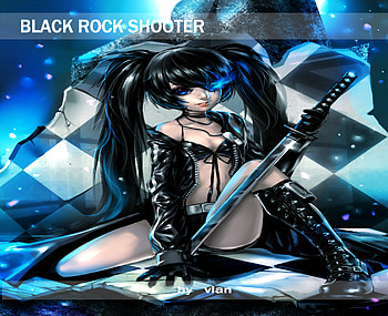 Black★Rock Shooter, sitting, twintails, checkered board, female, sexy, shooter, black coat, sword, smile, hot, black rock shooter, bikini, gloves, black hair, rock, star, anime girl, growing blue, cool, katana, bra, boots, growing eye HD wallpaper