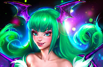 Morrigan, ayyasap, bat, girl, vampire, purple, pink, fantasy, green, luminos HD wallpaper
