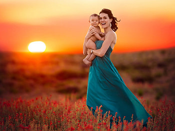 baby, girl, woman, lady, field, love, mom, clouds, nature, flowers, happy, sky, splendor, child, sunset HD wallpaper