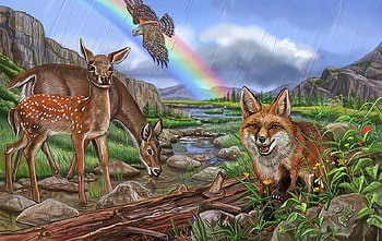 Meeting in the Rain, rainbow, fox, deer, animals HD wallpaper