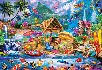 Island life, blue, animal, sea, bird, art, exotic, summer, painting, life, pictura, pesti, fish, water, vara, parrot HD wallpaper