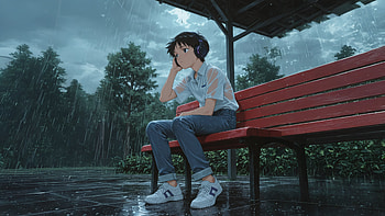 Anime Boy Sitting On A Bench Listening To Heads In The Rain, anime-boy, bench, rain, artist, artwork, art, digital-art, ai, deviantart HD wallpaper