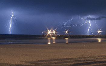 Lightnings over Sea, beach, sea, night, lights, lightnings, pier HD wallpaper