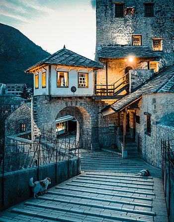 City street, old houses, early night HD phone wallpaper