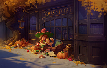 Halloween's tales, orange, witch, art, daria silbern, cat, girl, halloween, book, fantasy, pisici, pumpkin, redhead, luminos HD wallpaper