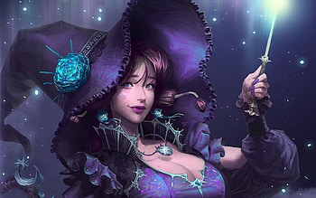 Witch, girl, sungmoo heo, hat, purple, fantasy HD wallpaper