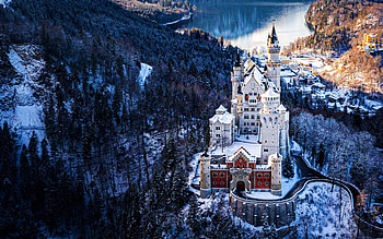 Neuschwanstein Castle in Winter, snow, trees, germany, forest, alps, mountains, bavaria HD wallpaper