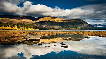 wonderful reflection landscape, reflection, clouds, rocks, lake, mountain HD wallpaper