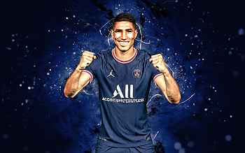 Achraf Hakimi, , 2021, PSG, moroccan footballers, blue neon lights, soccer, Ligue 1, football, Achraf Hakimi PSG, Paris Saint-Germain, Achraf Hakimi HD wallpaper