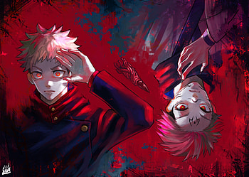 Sukuna (Jujutsu Kaisen), Yuji Itadori, Jujutsu Kaisen, Anime, Pink Hair, Red Eyes, School Uniform HD wallpaper
