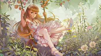 Swing, cute, girl, summer, pink, anime, flower, redhead, luminos, loli, manga HD wallpaper