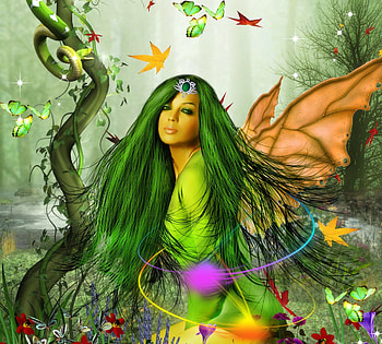 ~Green Nymphs in Autumn~, snake, digital art, dress, crown, butterflies, flower, animals, autumn, fall season, female, wings, model, bird, weird things people wear, flying, beautiful, premade BG, love four seasons, falling, leaves, fantasy, pretty, love, manipulation, green, women, hair HD wallpaper