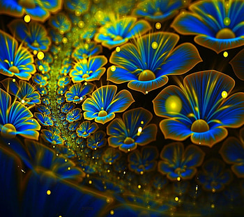 Blue Flowers, blue, black, beautiful, beauty, gren, abstract, pretty, yellow, nature, flowers, 3D, lovely HD wallpaper