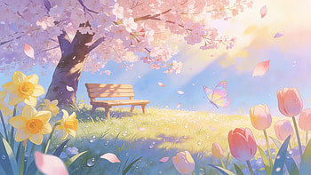 Pastel Spring Reverie —, Cherry Blossom, Bench, Butterfly HD wallpaper
