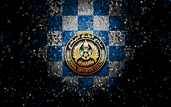 Al-Riffa SC, glitter logo, Bahraini Premier League, blue white checkered background, soccer, Bahraini football club, Al-Riffa logo, mosaic art, Riffa SC, football, Al-Riffa FC HD wallpaper