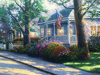 Hometown Pride, strees, flag, house, artwork, painting, trees HD wallpaper