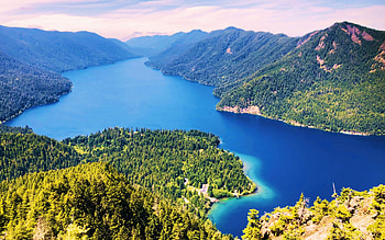 Lake Crescent, Washington, forest, hills, clouds, trees, landscape, sky, usa HD wallpaper