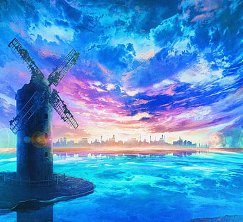Windmill, blue, pink, anime, luminos, sky, manga, kiri meno, water HD wallpaper