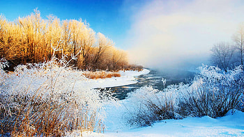 Frozen Sunrise - Yahara River at Stebbinsville road dam, winter, frost, snow, clouds, landscape, trees, sky, usa HD wallpaper