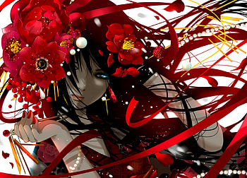 Anime girl, kimono, anime, pretty, red, cute, beautiful, flowers, girl HD wallpaper