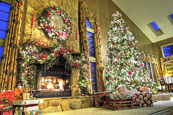 Christmas Tree, festivities, holiday, tree, fireplace HD wallpaper