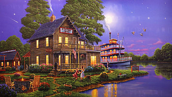 Steamboat Depot, artwork, river, ship, painting, house, trees, sky, monn HD wallpaper