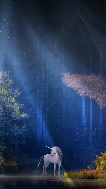 Unicorn in a sunlit forest, tree, mystical, sunbeam, forest, fantasy, unicorn HD phone wallpaper