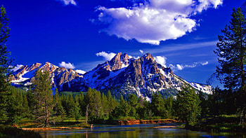 wonderful clear nature landscape, mountai, clouds, river, forest HD wallpaper